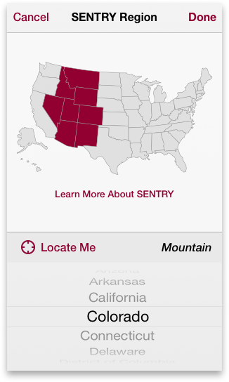 SENTRY Region Selection screen
